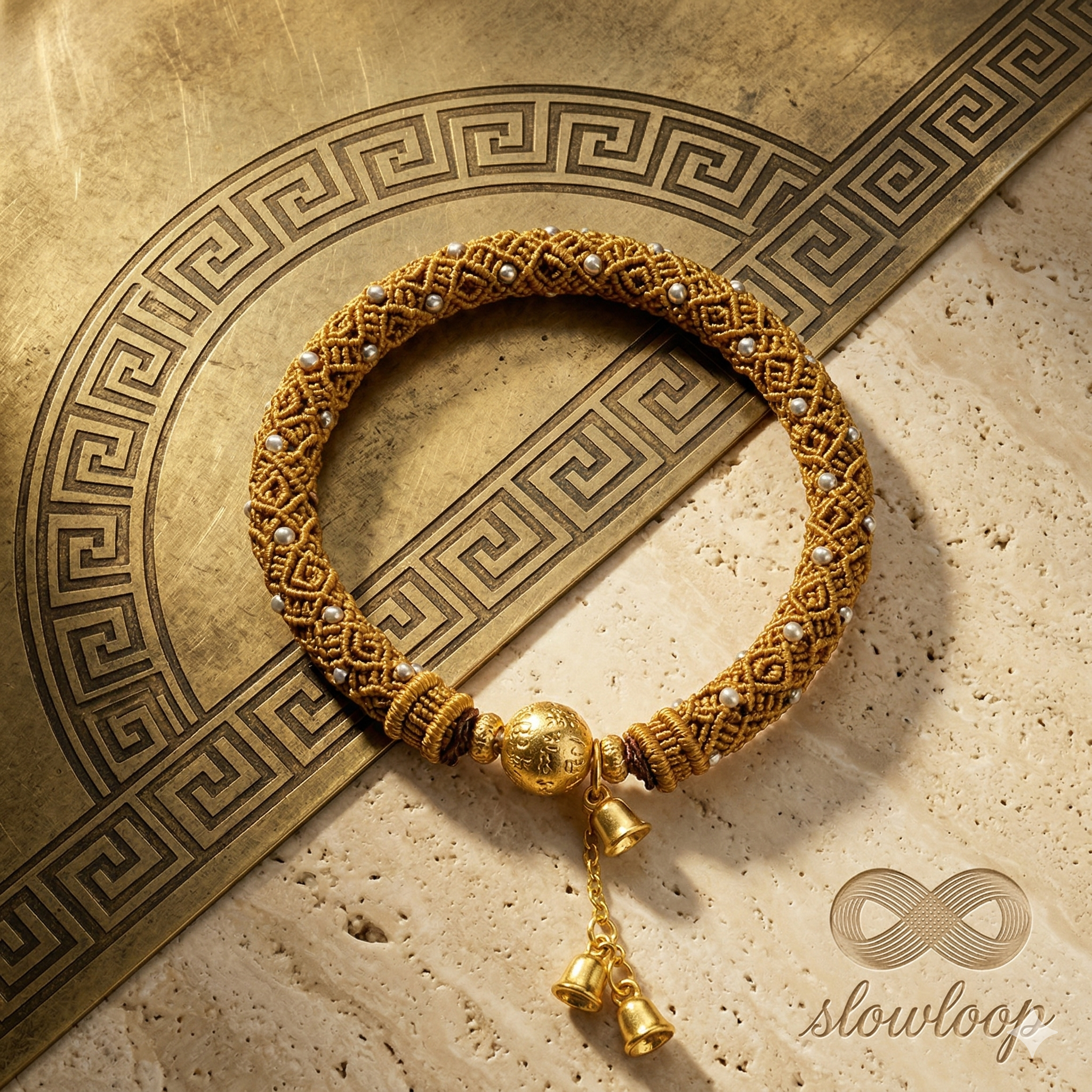 Slowloop | Golden Echo: Hand-Woven Imperial Huiwen Bracelet with Artisanal Dangles