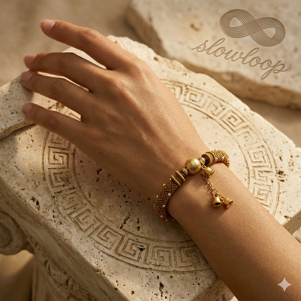 Slowloop | Golden Echo: Hand-Woven Imperial Huiwen Bracelet with Artisanal Dangles
