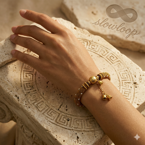 Slowloop | Golden Echo: Hand-Woven Imperial Huiwen Bracelet with Artisanal Dangles