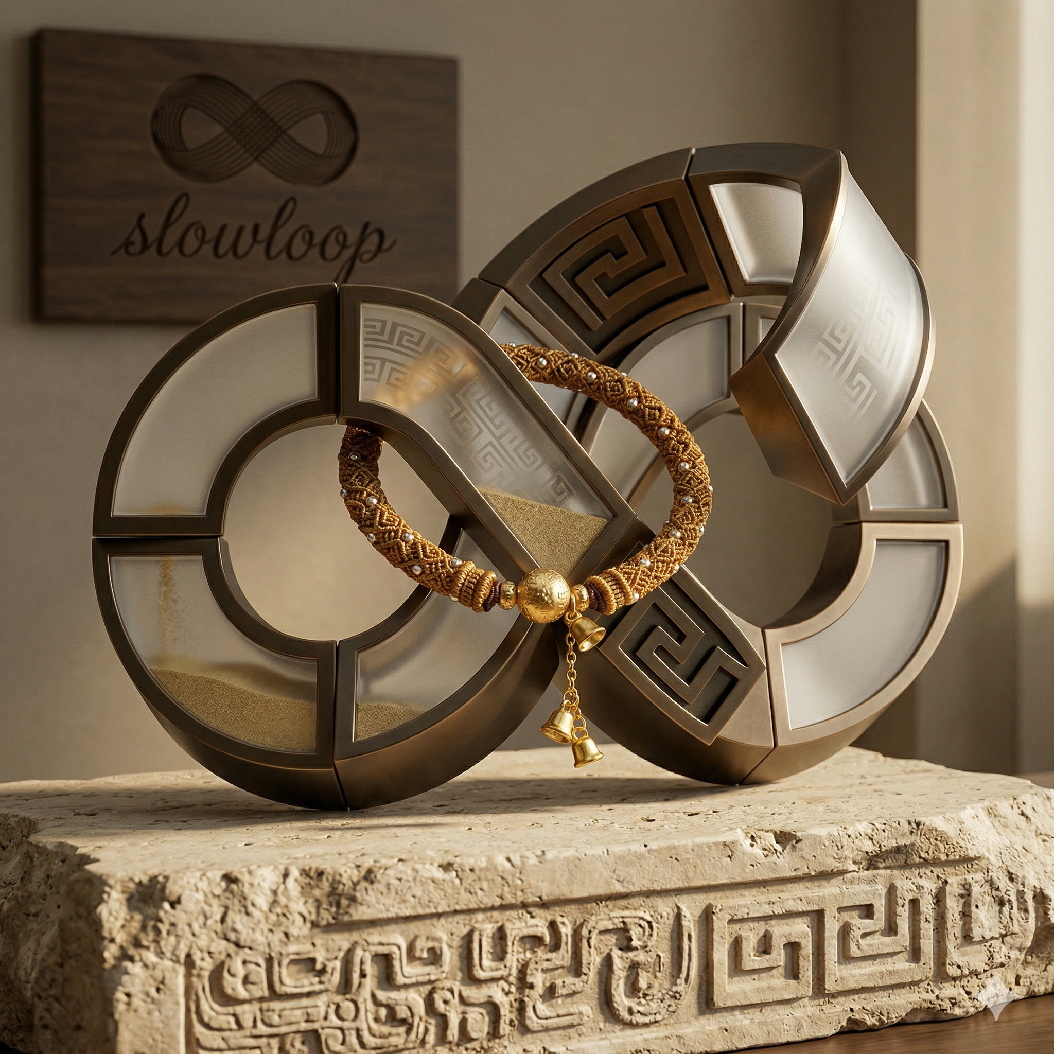 Slowloop | Golden Echo: Hand-Woven Imperial Huiwen Bracelet with Artisanal Dangles