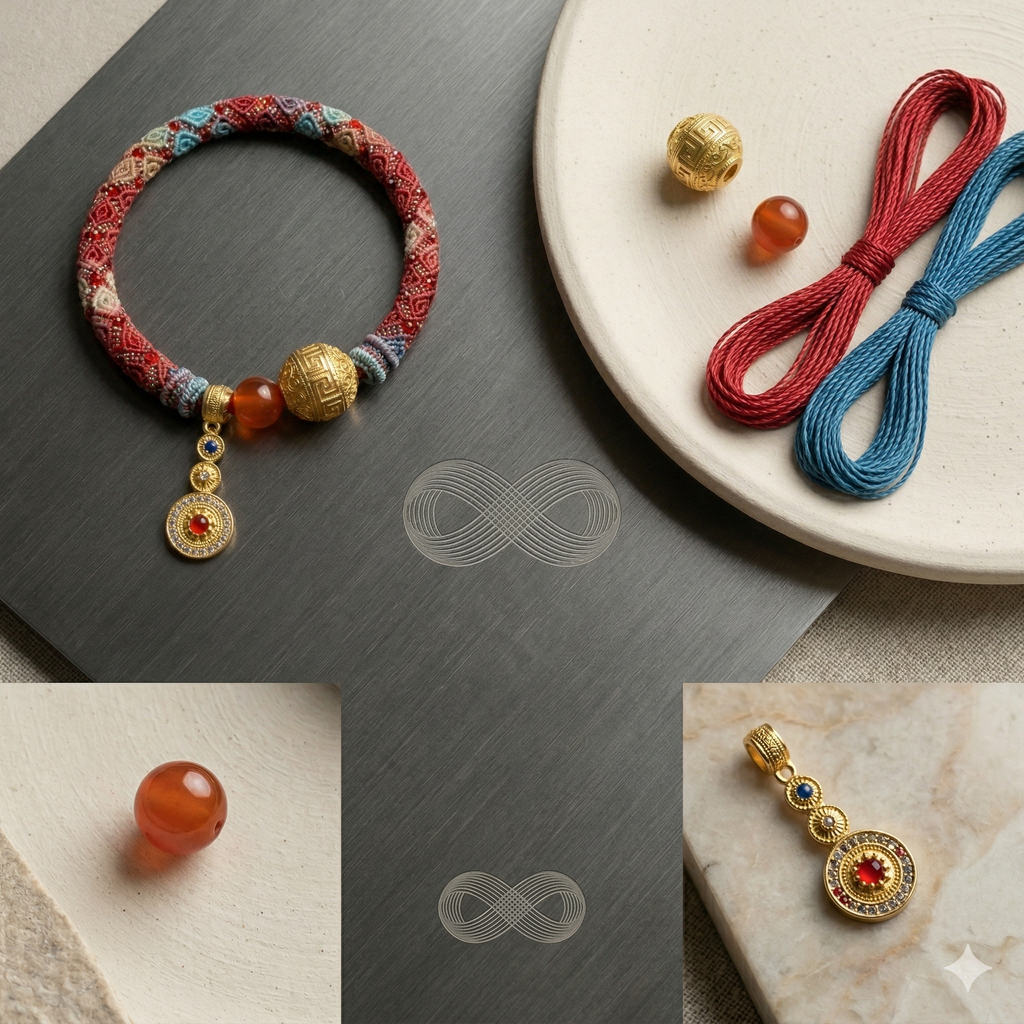 Slowloop | The Infinite Fortune: Hand-Woven Multi-Tapestry Bracelet with Fretwork Bead & Triple-Tier Charm