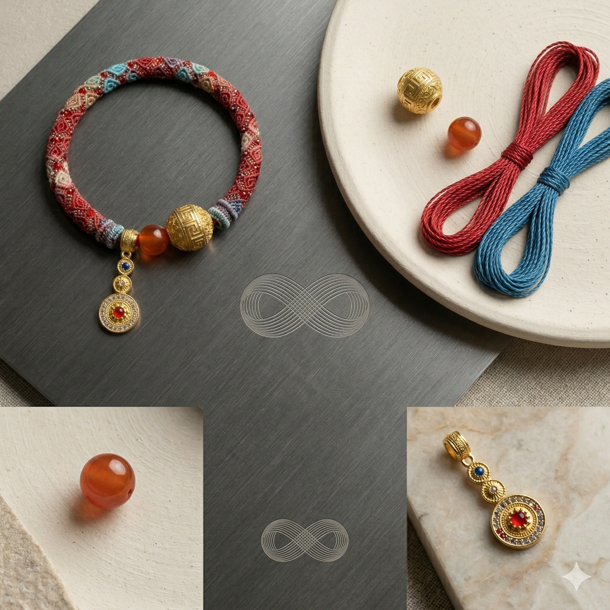 Slowloop | The Infinite Fortune: Hand-Woven Multi-Tapestry Bracelet with Fretwork Bead & Triple-Tier Charm