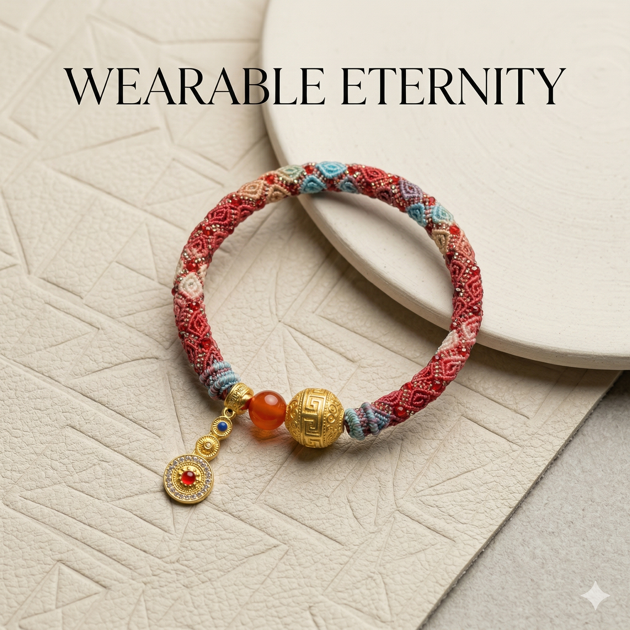 Slowloop | The Infinite Fortune: Hand-Woven Multi-Tapestry Bracelet with Fretwork Bead & Triple-Tier Charm