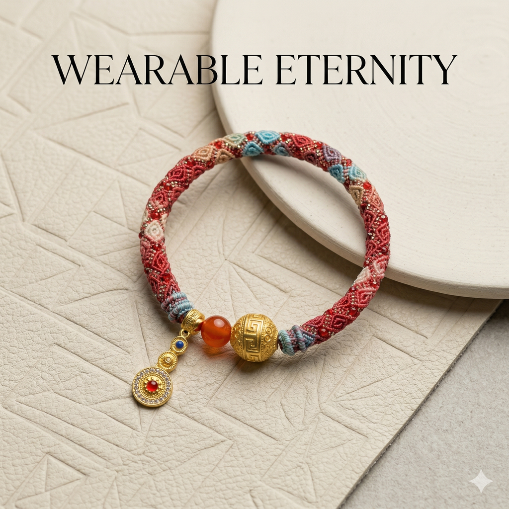 Slowloop | The Infinite Fortune: Hand-Woven Multi-Tapestry Bracelet with Fretwork Bead & Triple-Tier Charm