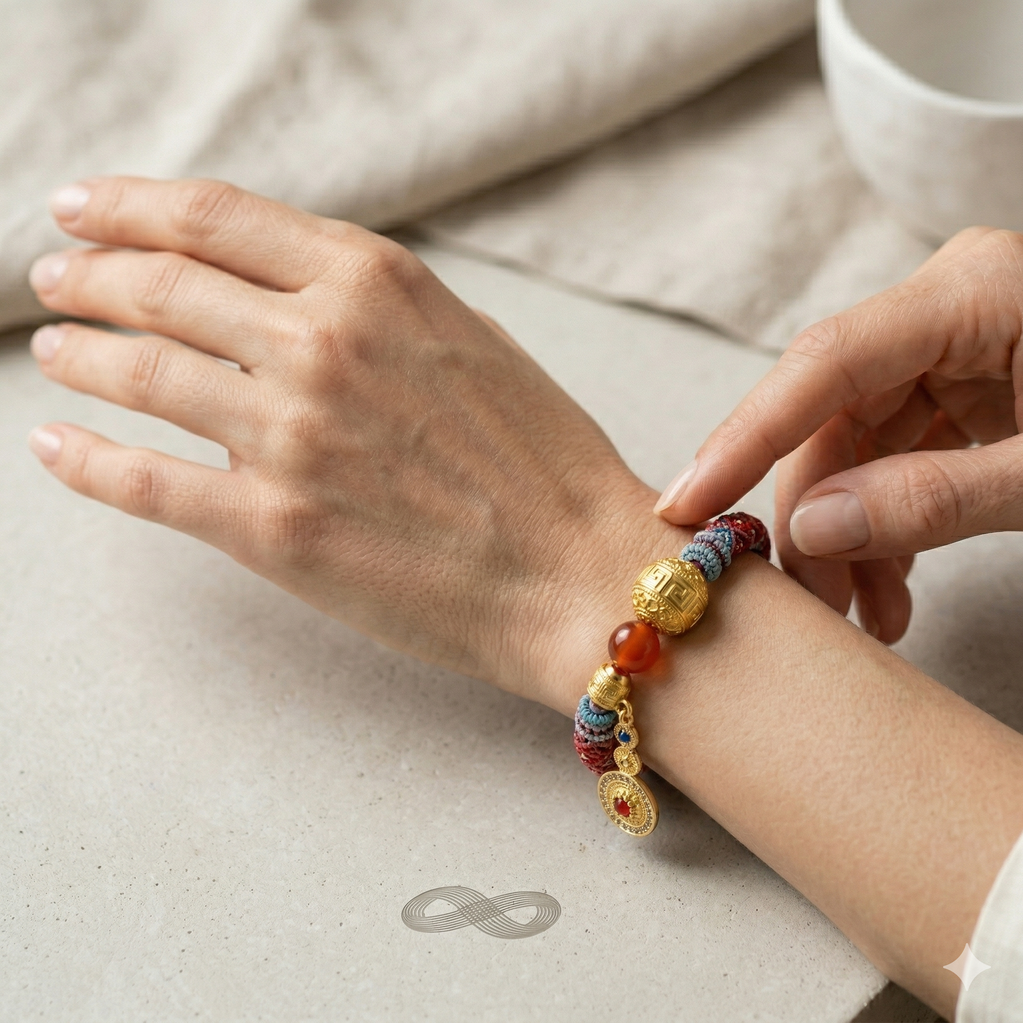 Slowloop | The Infinite Fortune: Hand-Woven Multi-Tapestry Bracelet with Fretwork Bead & Triple-Tier Charm