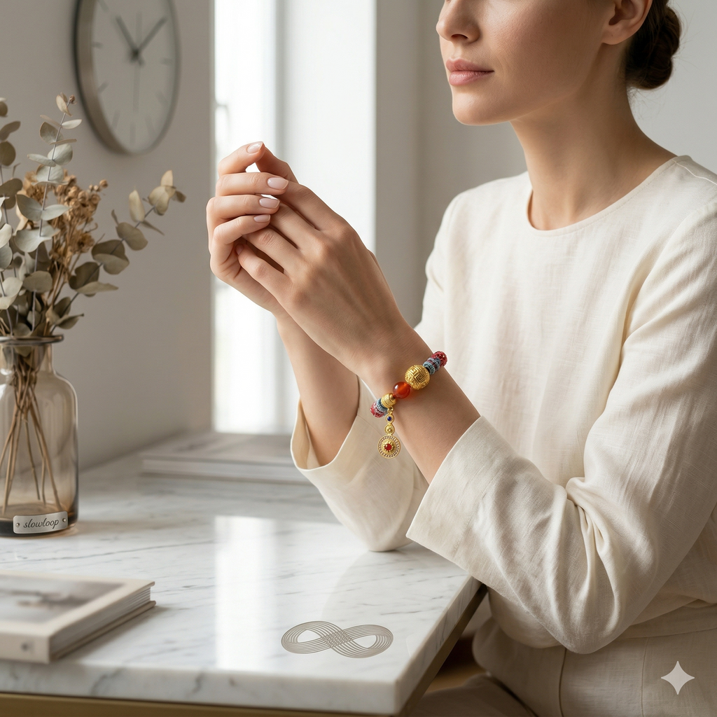 Slowloop | The Infinite Fortune: Hand-Woven Multi-Tapestry Bracelet with Fretwork Bead & Triple-Tier Charm
