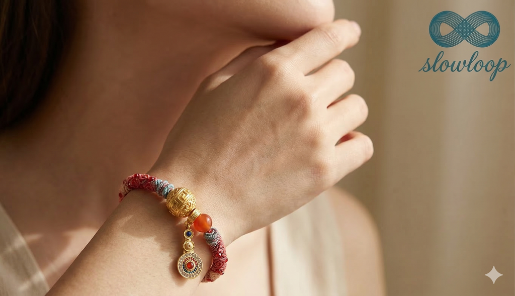 Slowloop | The Infinite Fortune: Hand-Woven Multi-Tapestry Bracelet with Fretwork Bead & Triple-Tier Charm