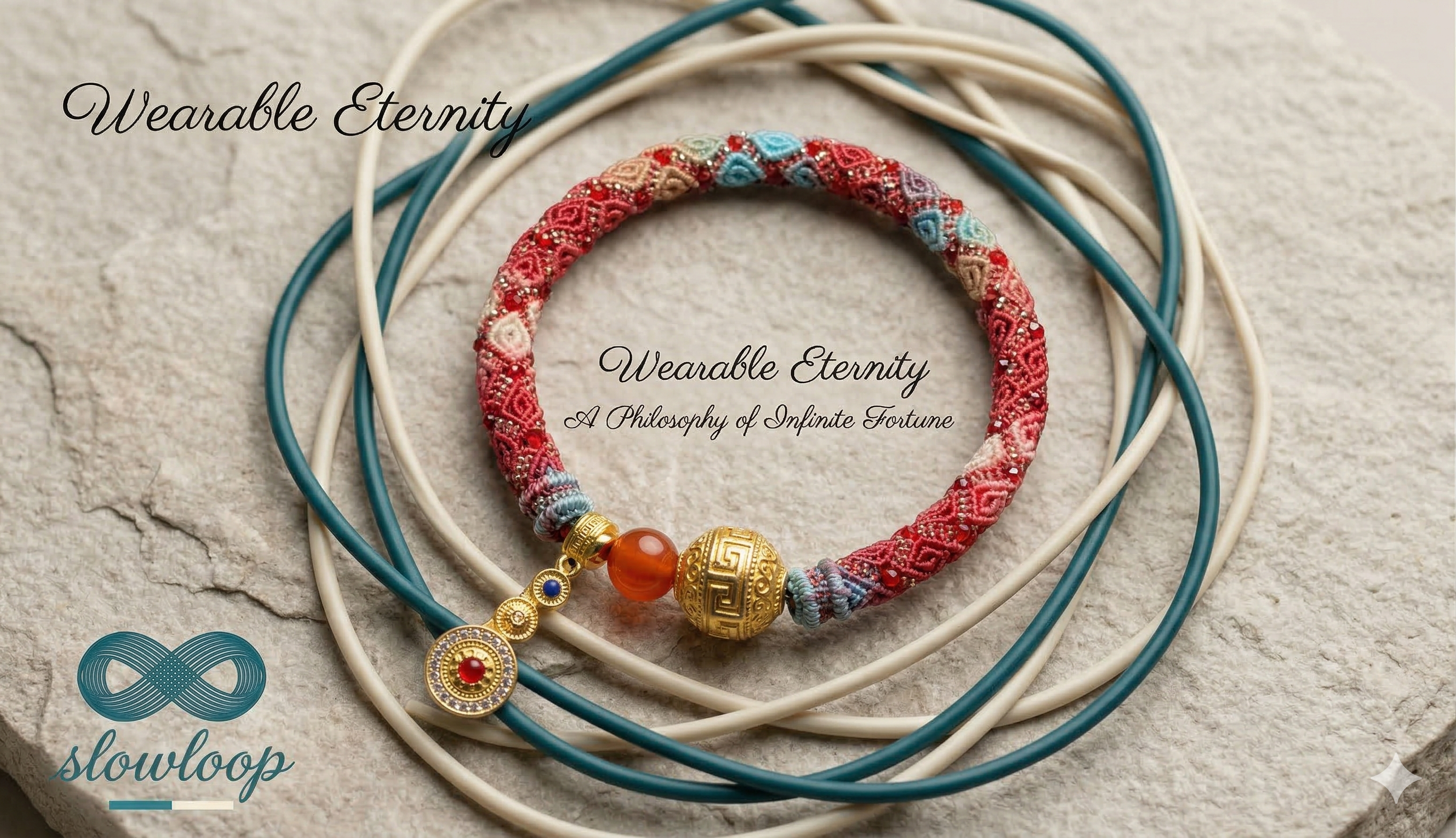 Slowloop | The Infinite Fortune: Hand-Woven Multi-Tapestry Bracelet with Fretwork Bead & Triple-Tier Charm
