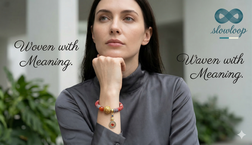 Slowloop | The Infinite Fortune: Hand-Woven Multi-Tapestry Bracelet with Fretwork Bead & Triple-Tier Charm
