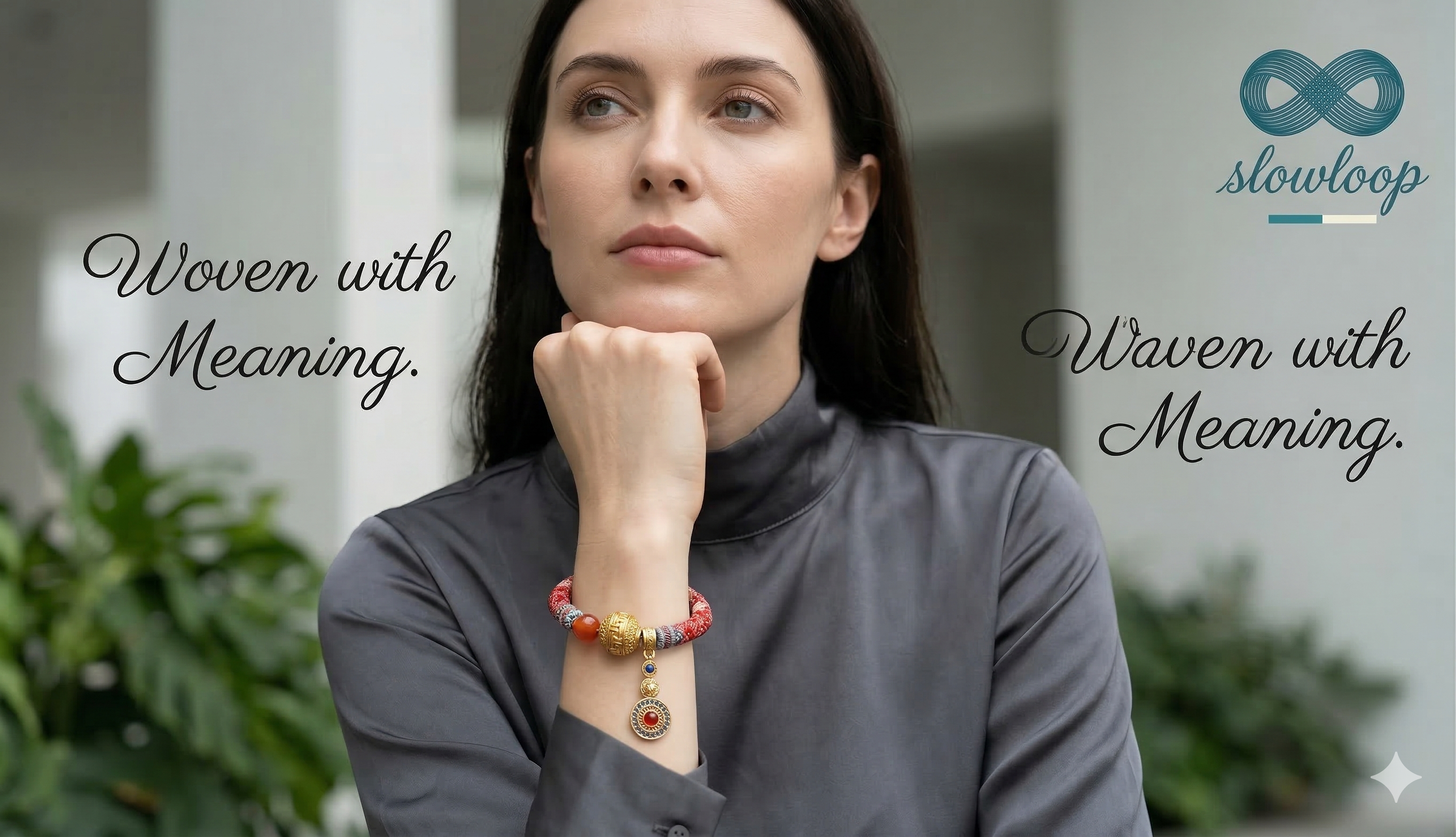 Slowloop | The Infinite Fortune: Hand-Woven Multi-Tapestry Bracelet with Fretwork Bead & Triple-Tier Charm