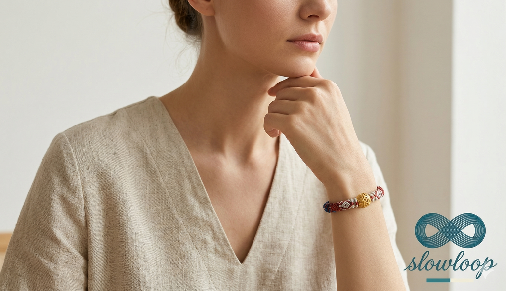 Slowloop | Verdant Veil: The Great Harmony Hand-Woven Bracelet with Spiral Pendant & Pearl Accents
