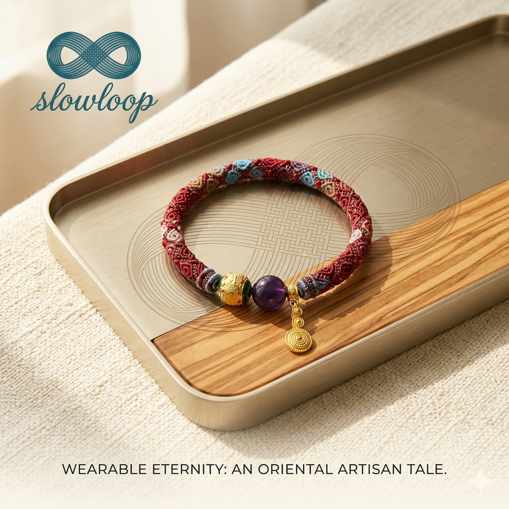 Slowloop | The Cycle of Serenity: Hand-Woven Algorithmic Bracelet with Amethyst Soul & Spiral Totem