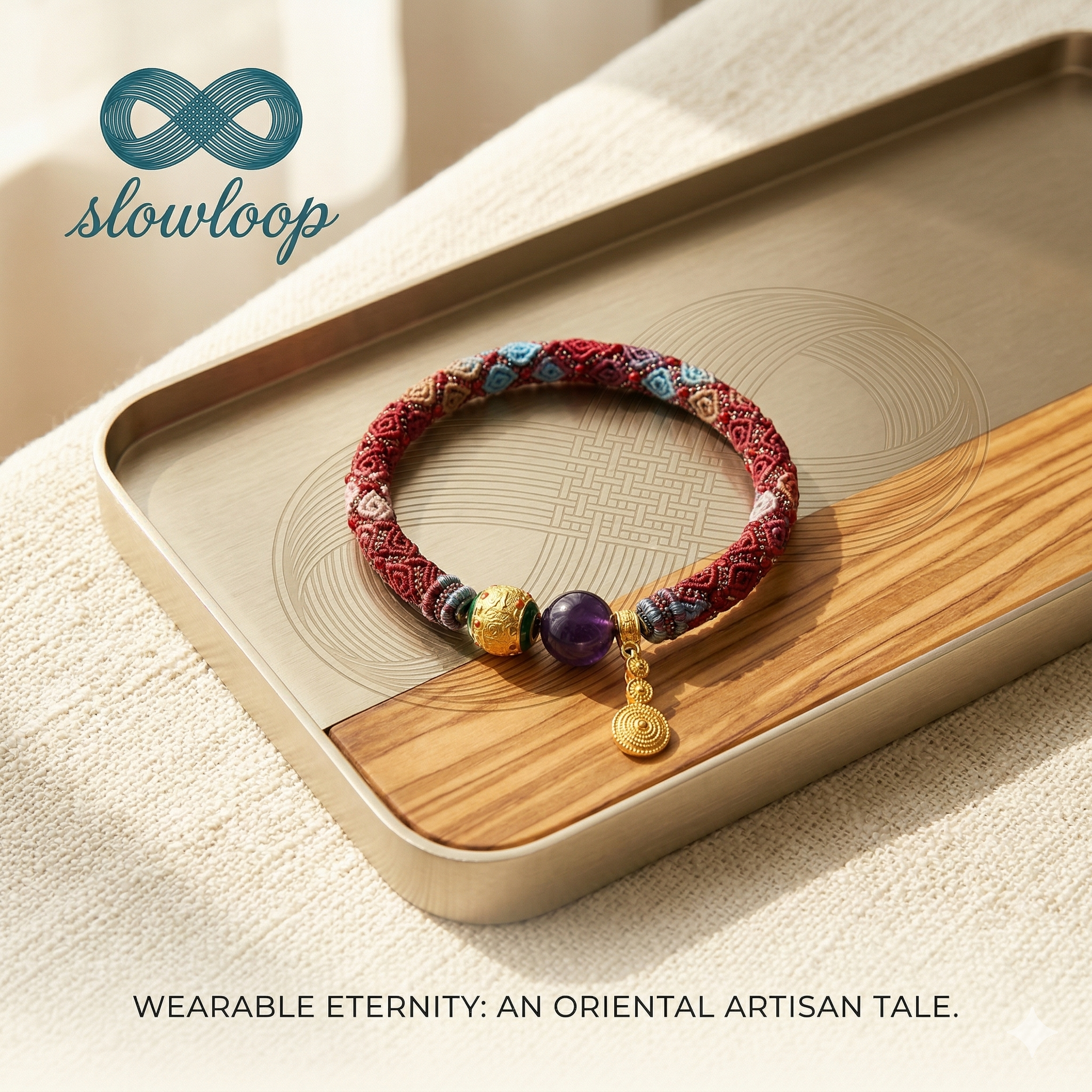 Slowloop | The Cycle of Serenity: Hand-Woven Algorithmic Bracelet with Amethyst Soul & Spiral Totem