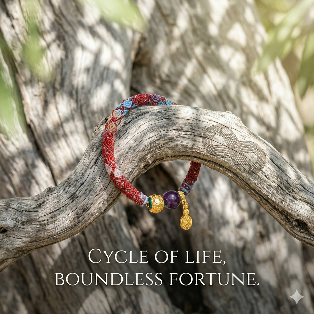 Slowloop | The Cycle of Serenity: Hand-Woven Algorithmic Bracelet with Amethyst Soul & Spiral Totem