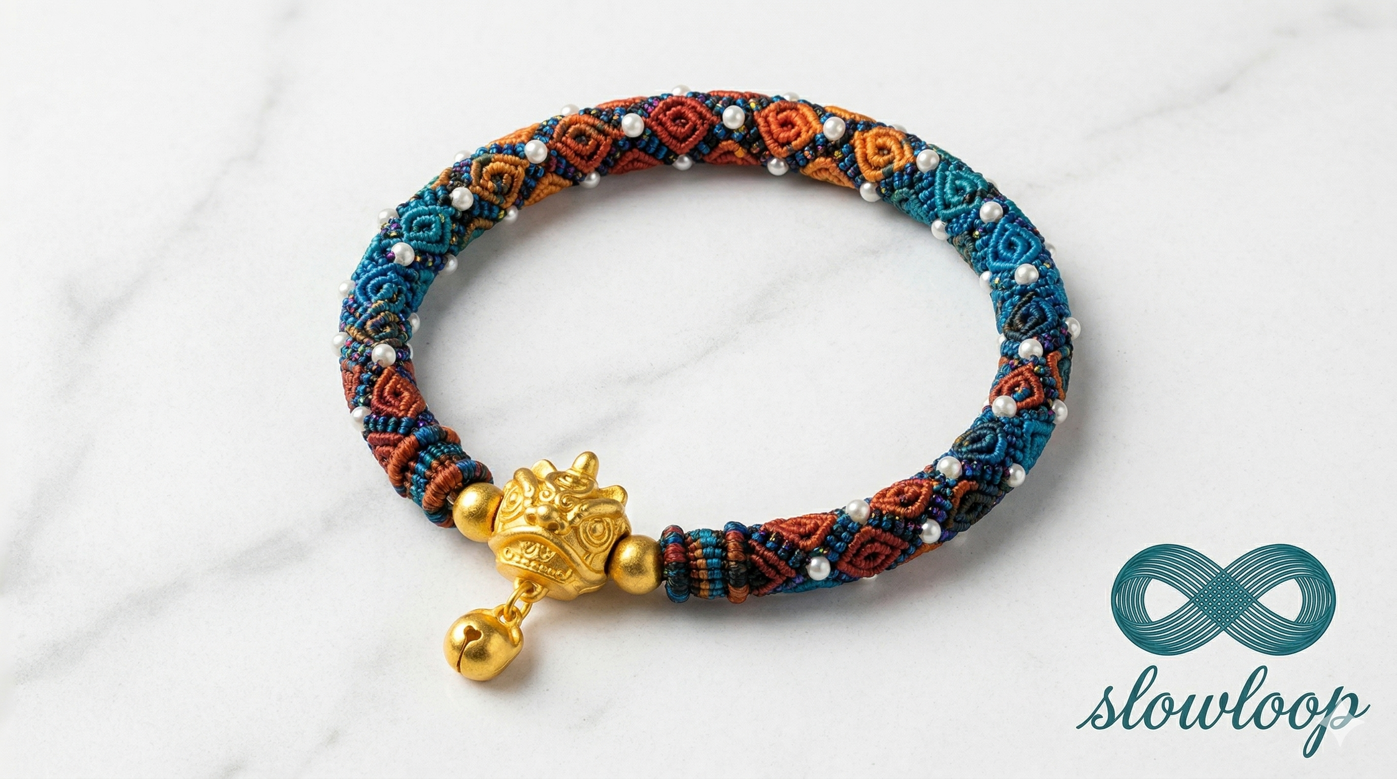 Slowloop | The Guardian’s Pulse: Hand-Woven Teal & Terracotta Macramé with Golden Protection Charm