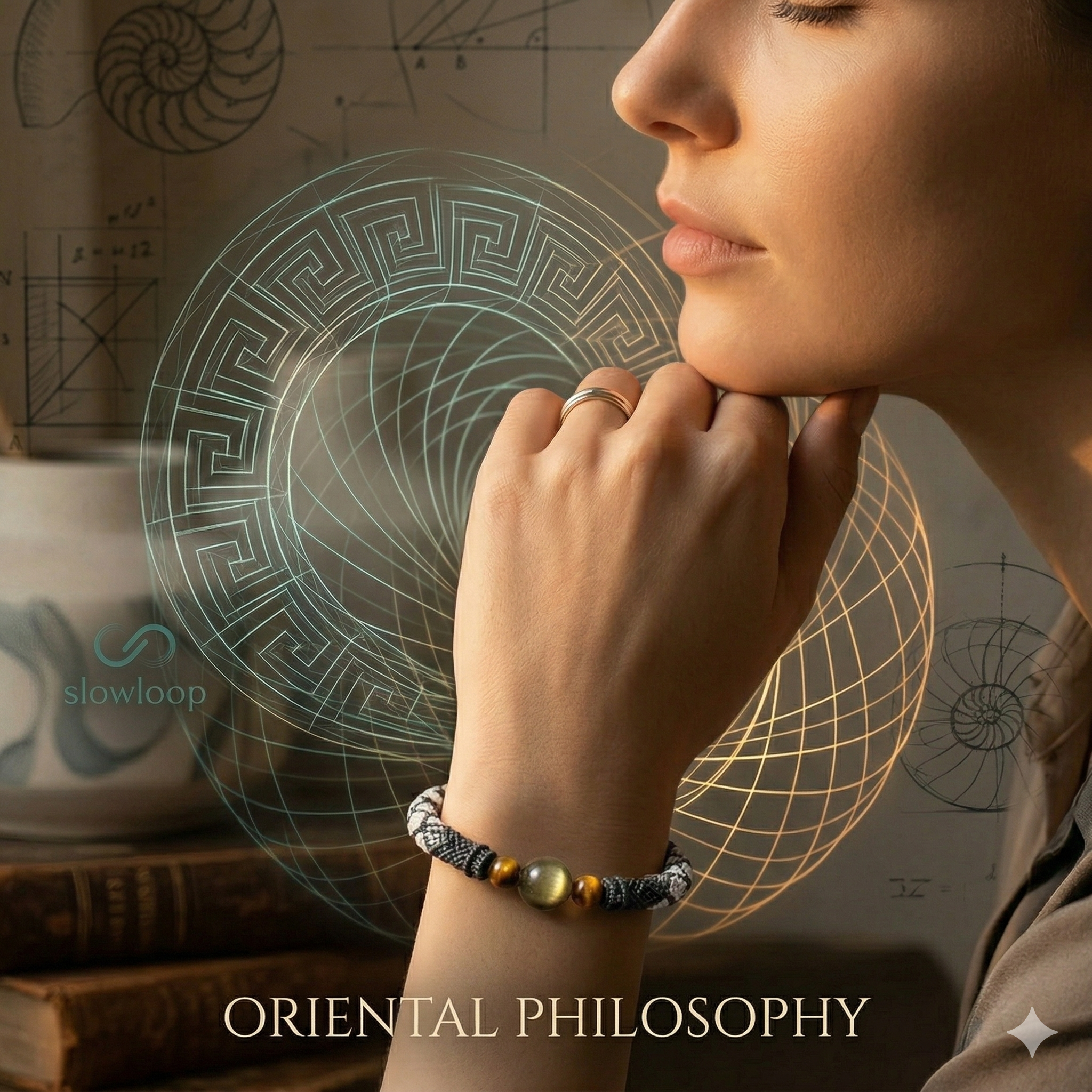 Slowloop | Eternal Flow: Hand-Woven Monochrome Huiwen Bracelet with Golden Tiger’s Eye
