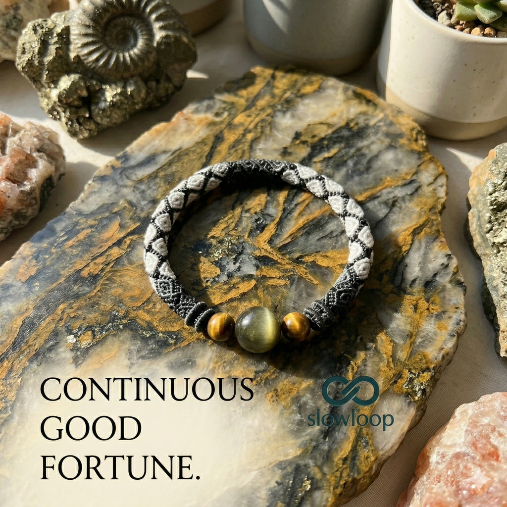 Slowloop | Eternal Flow: Hand-Woven Monochrome Huiwen Bracelet with Golden Tiger’s Eye
