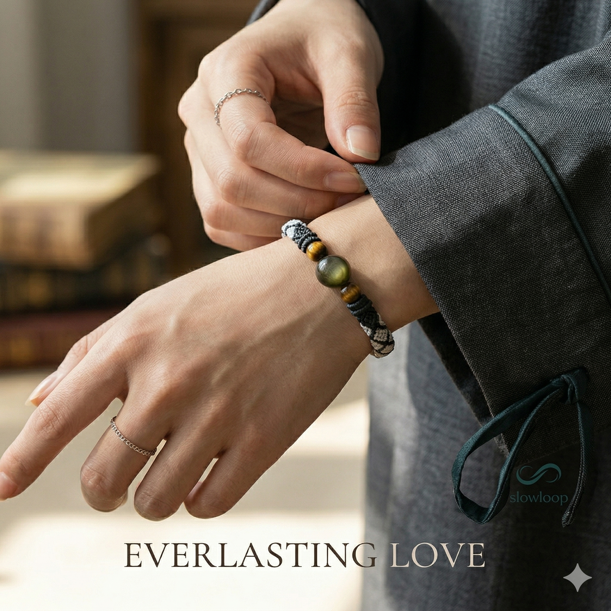 Slowloop | Eternal Flow: Hand-Woven Monochrome Huiwen Bracelet with Golden Tiger’s Eye