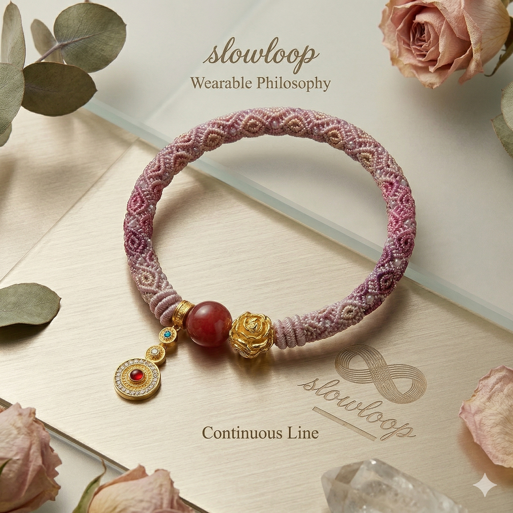 Slowloop | The Rose of Eternity: Hand-Woven Mauve Gradient Bracelet with Imperial Rose & Red Agate