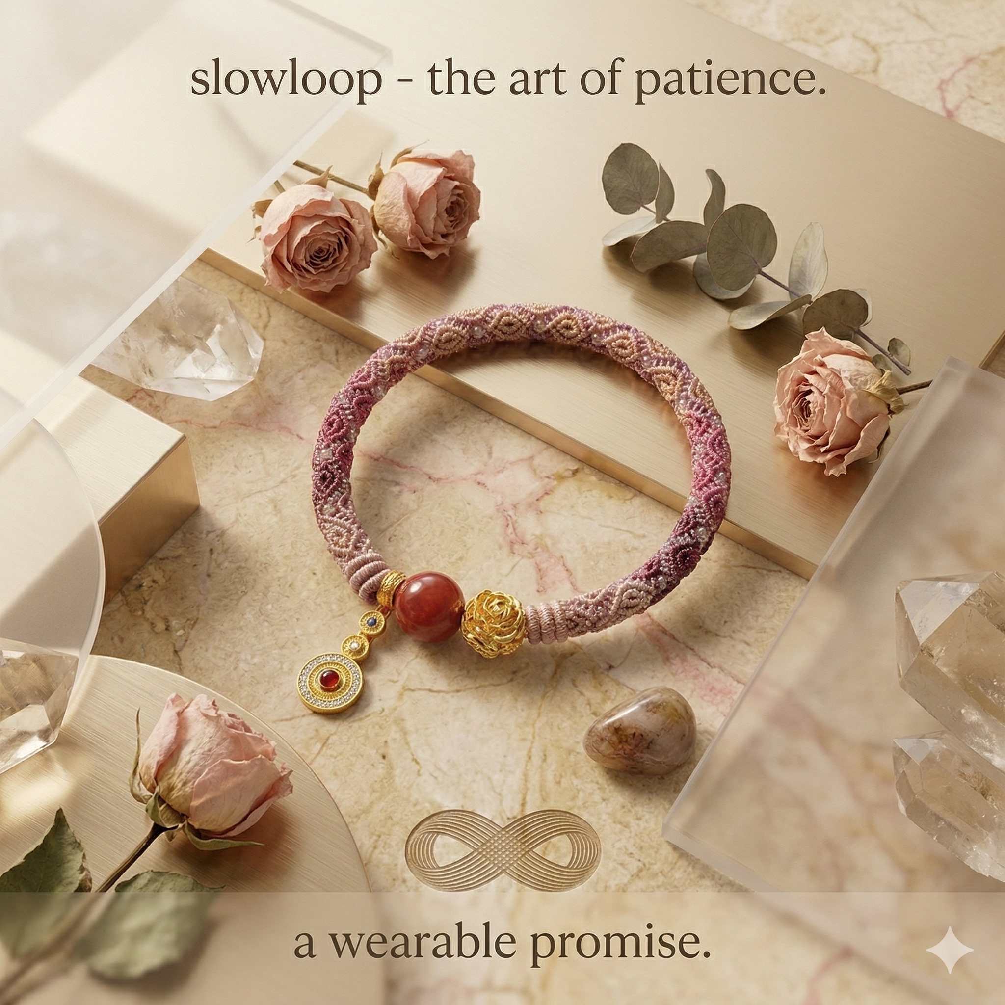 Slowloop | The Rose of Eternity: Hand-Woven Mauve Gradient Bracelet with Imperial Rose & Red Agate