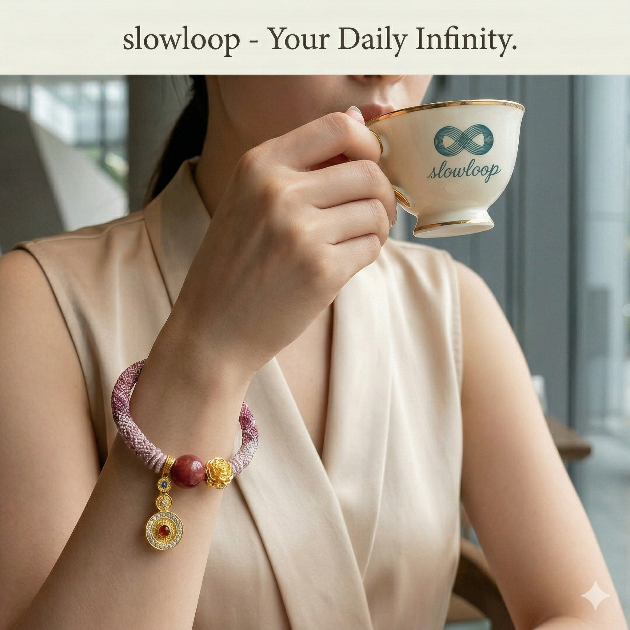 Slowloop | The Rose of Eternity: Hand-Woven Mauve Gradient Bracelet with Imperial Rose & Red Agate