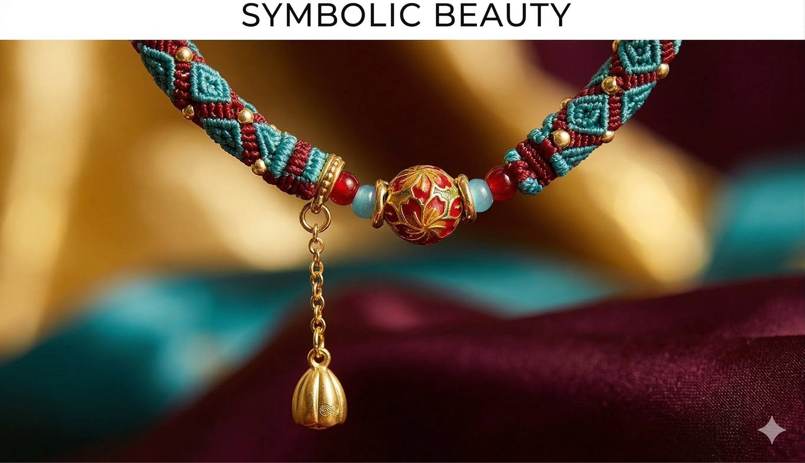 Slowloop | Oriental Fusion: Hand-Woven Teal & Crimson Bracelet with Lotus Charm & Enameled Bead