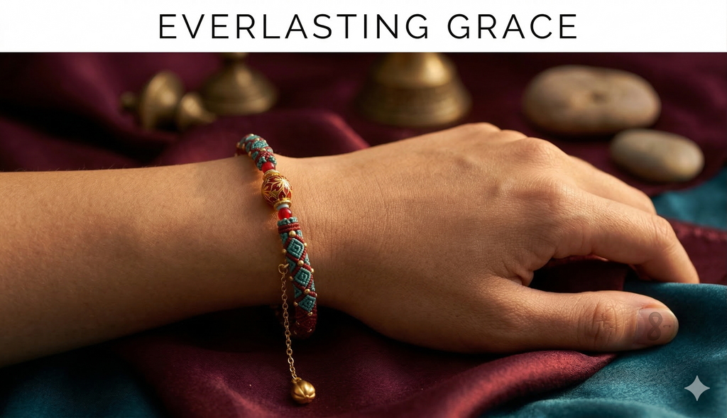 Slowloop | Oriental Fusion: Hand-Woven Teal & Crimson Bracelet with Lotus Charm & Enameled Bead