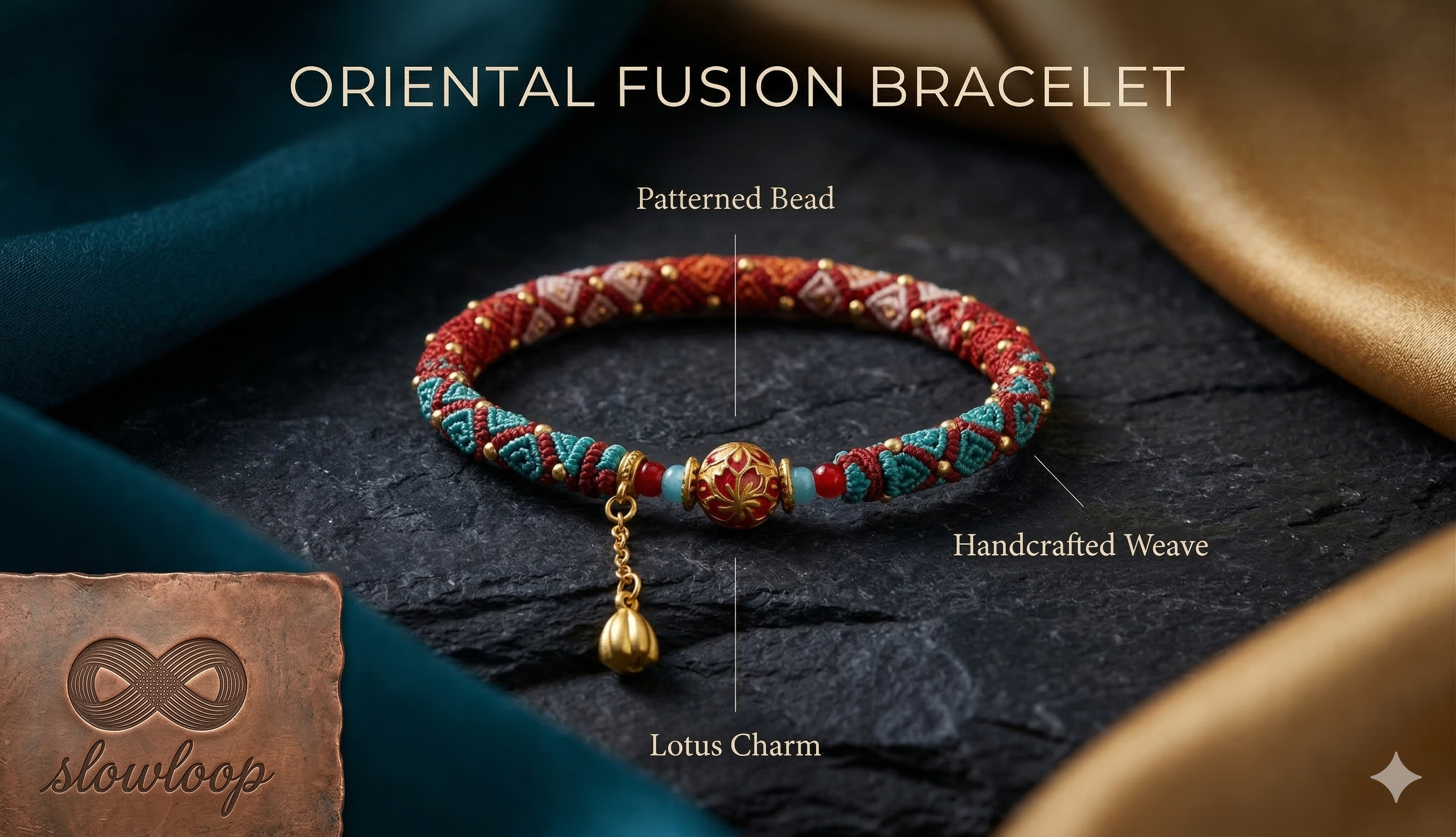Slowloop | Oriental Fusion: Hand-Woven Teal & Crimson Bracelet with Lotus Charm & Enameled Bead
