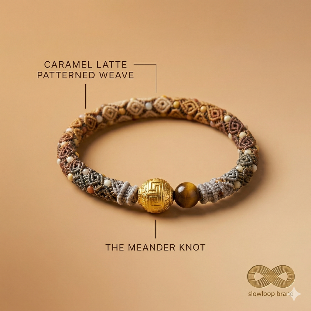 Slowloop | The Earth & Ether: Hand-Woven Gradient Bracelet with Fretwork Bead & Hammered Charms