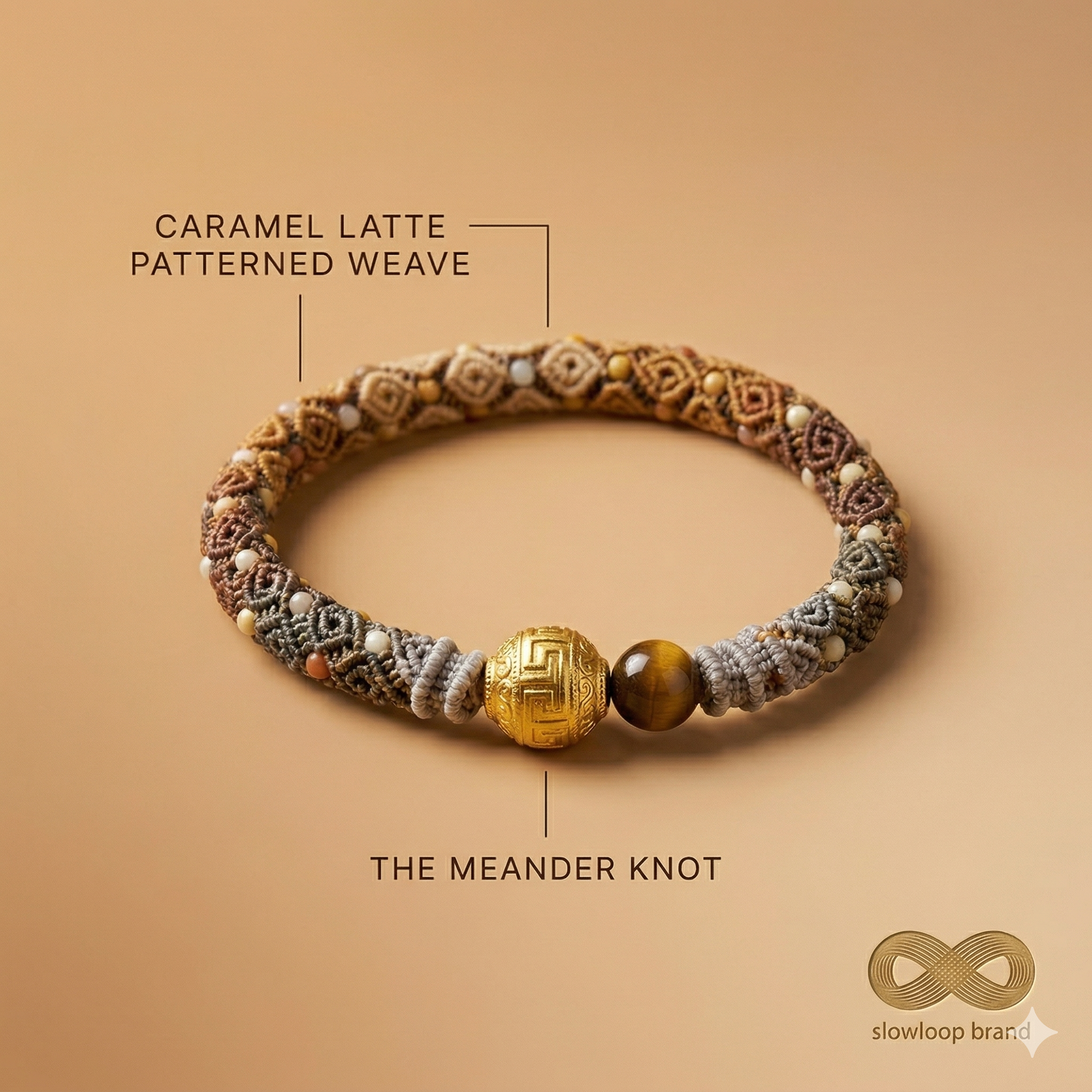 Slowloop | The Earth & Ether: Hand-Woven Gradient Bracelet with Fretwork Bead & Hammered Charms