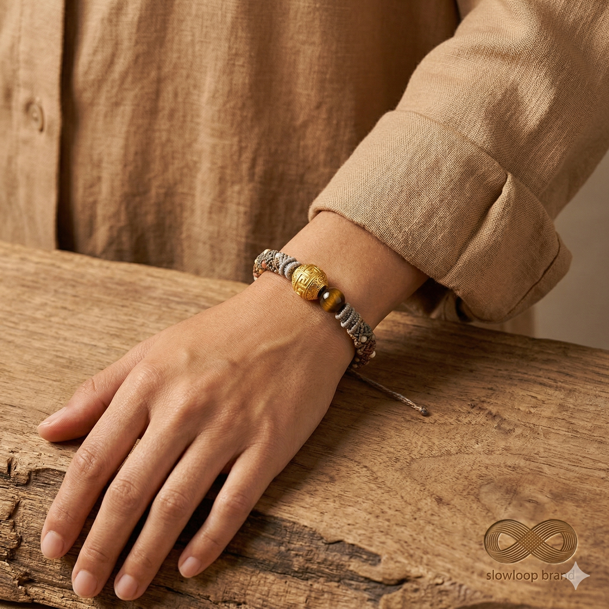 Slowloop | The Earth & Ether: Hand-Woven Gradient Bracelet with Fretwork Bead & Hammered Charms