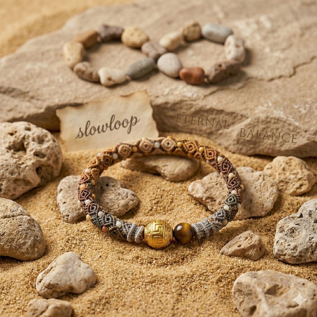Slowloop | The Earth & Ether: Hand-Woven Gradient Bracelet with Fretwork Bead & Hammered Charms