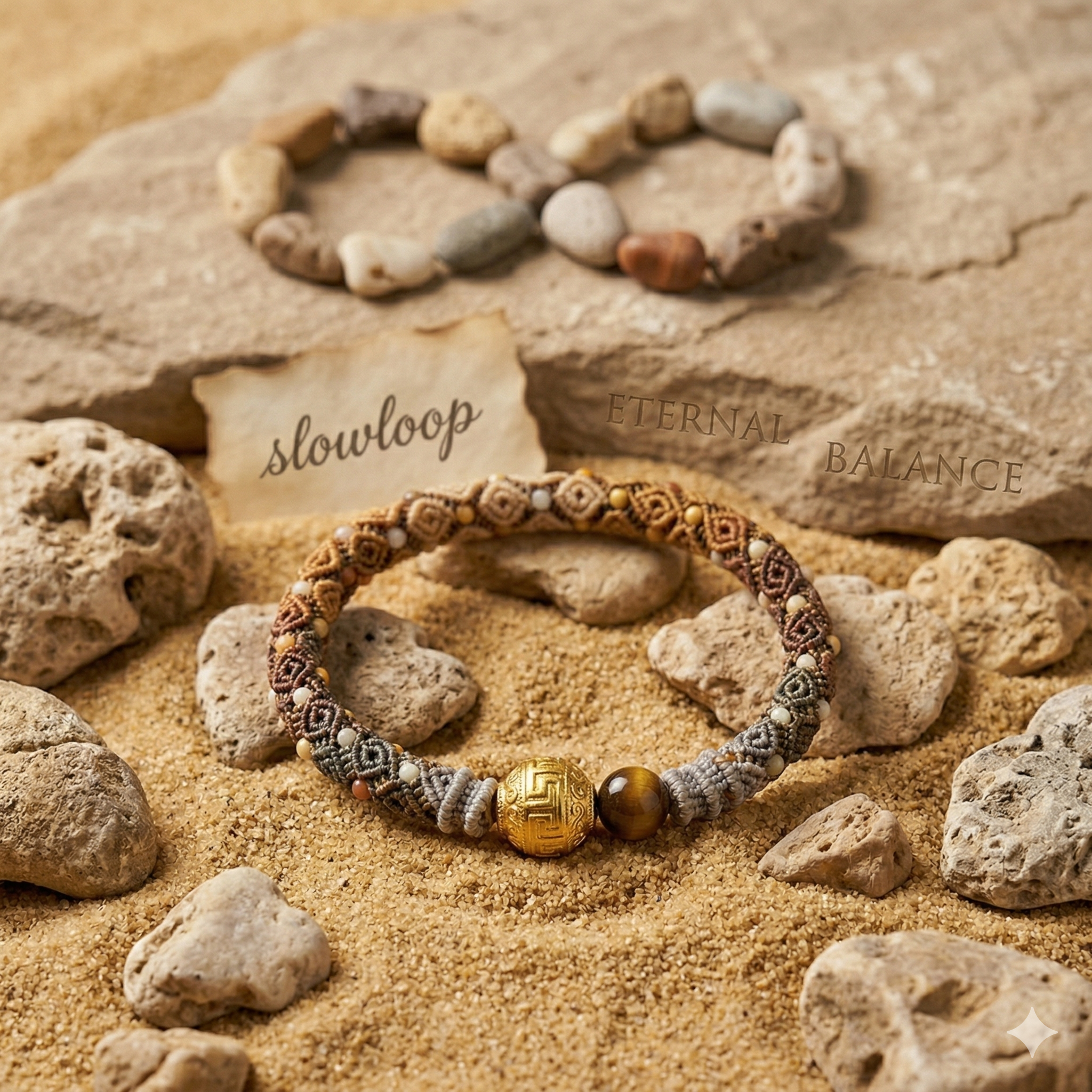 Slowloop | The Earth & Ether: Hand-Woven Gradient Bracelet with Fretwork Bead & Hammered Charms