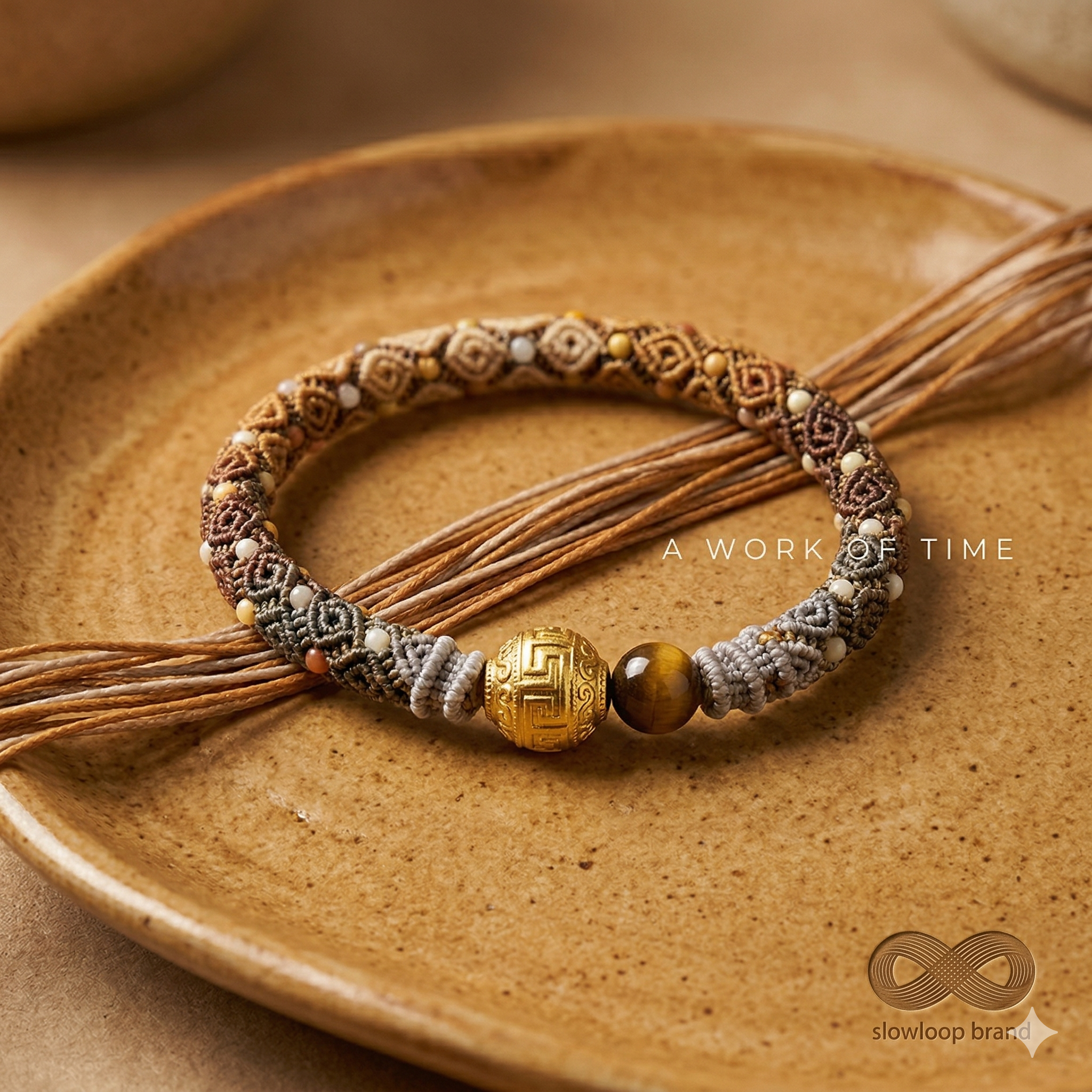 Slowloop | The Earth & Ether: Hand-Woven Gradient Bracelet with Fretwork Bead & Hammered Charms