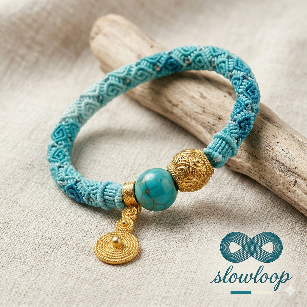 Slowloop | Azure Flow: Hand-Woven Teal Gradient Bracelet with Turquoise & Gold