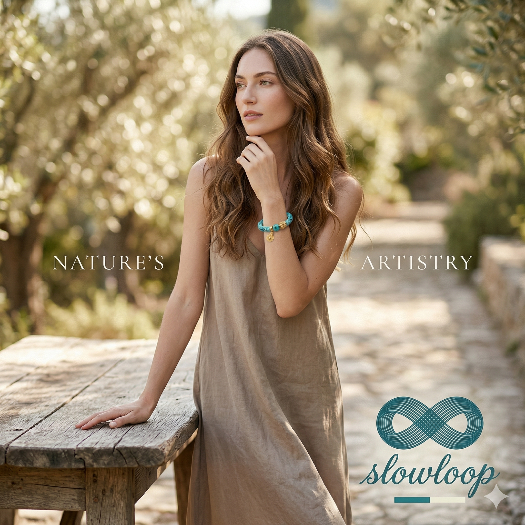 Slowloop | Azure Flow: Hand-Woven Teal Gradient Bracelet with Turquoise & Gold