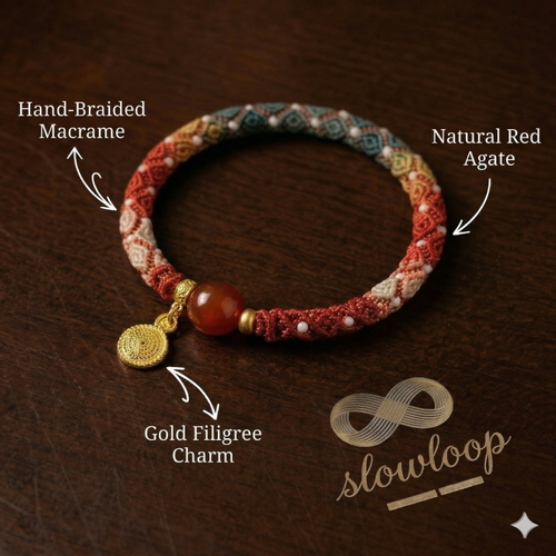 Slowloop | Eternal Fortune: Hand-Woven Red Agate Huiwen Bracelet in Crimson Waxed Cord