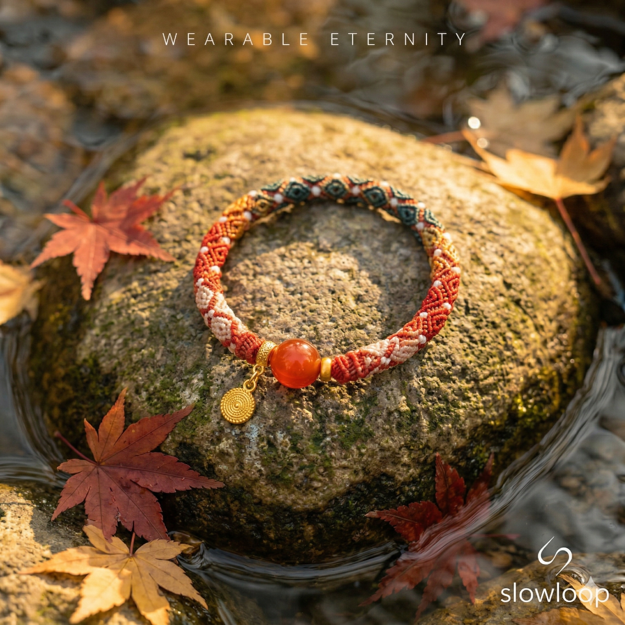 Slowloop | Eternal Fortune: Hand-Woven Red Agate Huiwen Bracelet in Crimson Waxed Cord