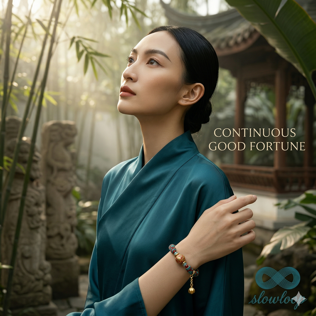 Slowloop | Oriental Fusion: Hand-Woven Teal & Crimson Bracelet with Lotus Charm & Enameled Bead
