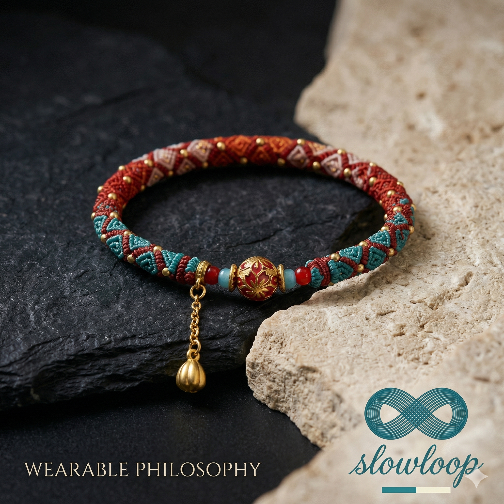 Slowloop | Oriental Fusion: Hand-Woven Teal & Crimson Bracelet with Lotus Charm & Enameled Bead