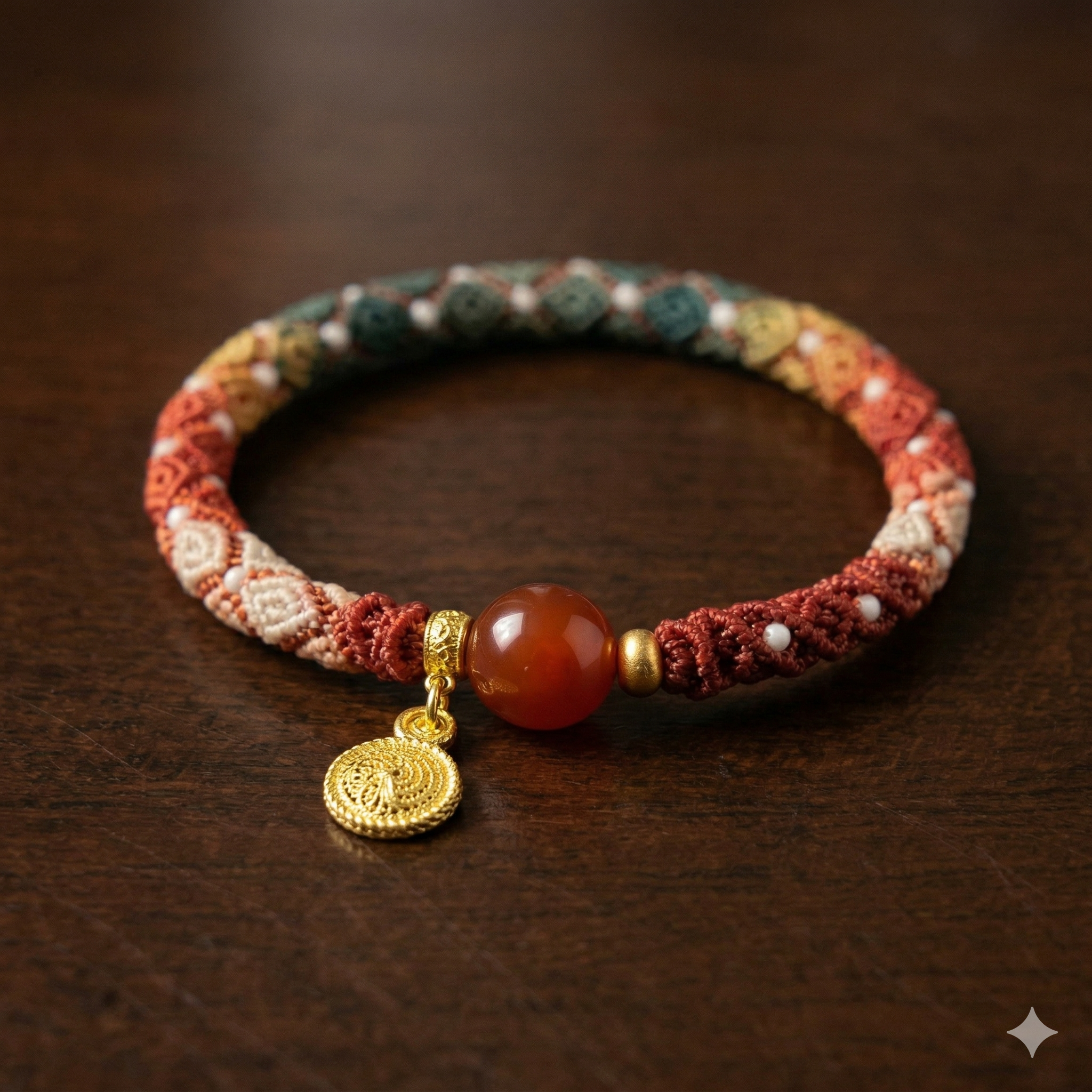 Slowloop | Eternal Fortune: Hand-Woven Red Agate Huiwen Bracelet in Crimson Waxed Cord