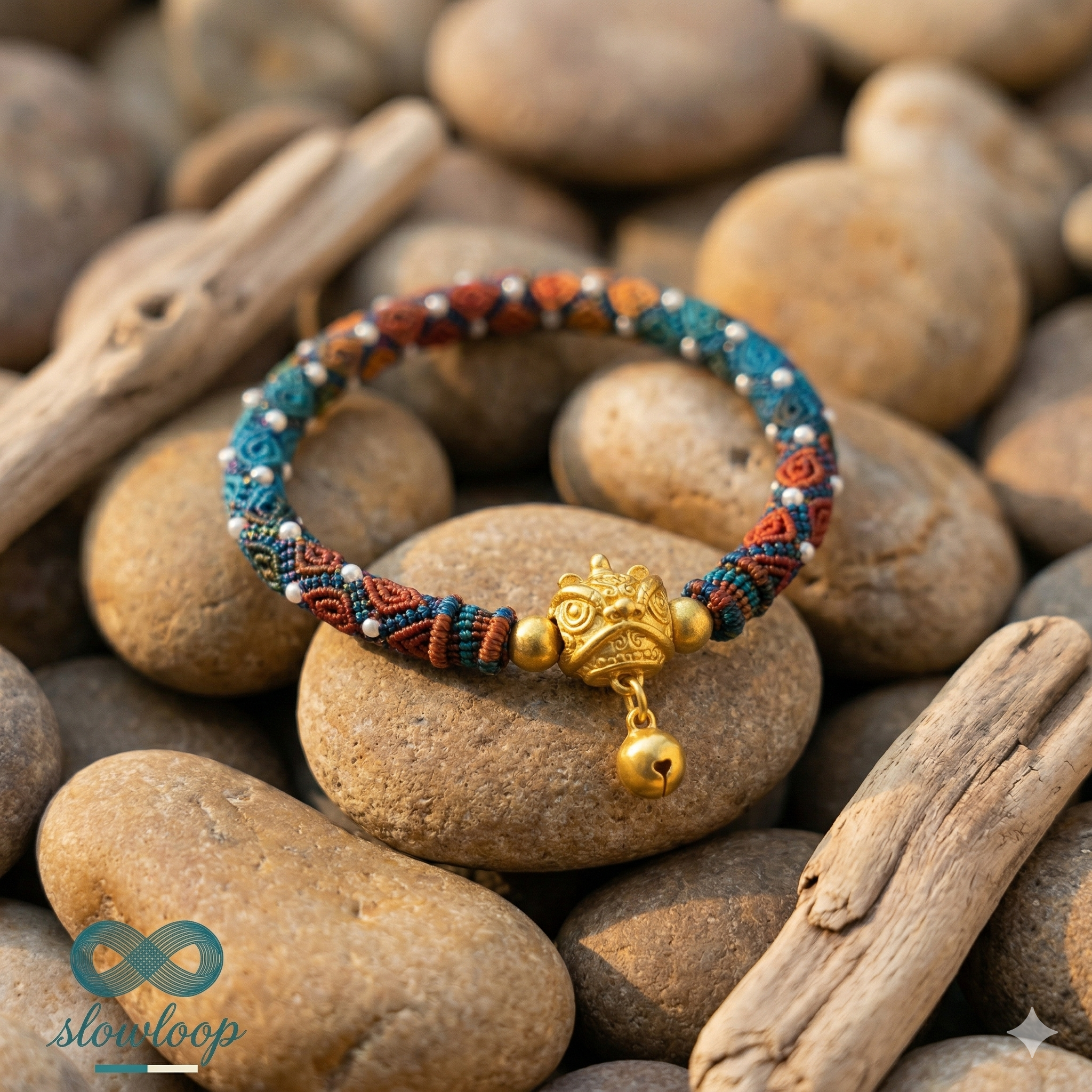 Slowloop | The Guardian’s Pulse: Hand-Woven Teal & Terracotta Macramé with Golden Protection Charm