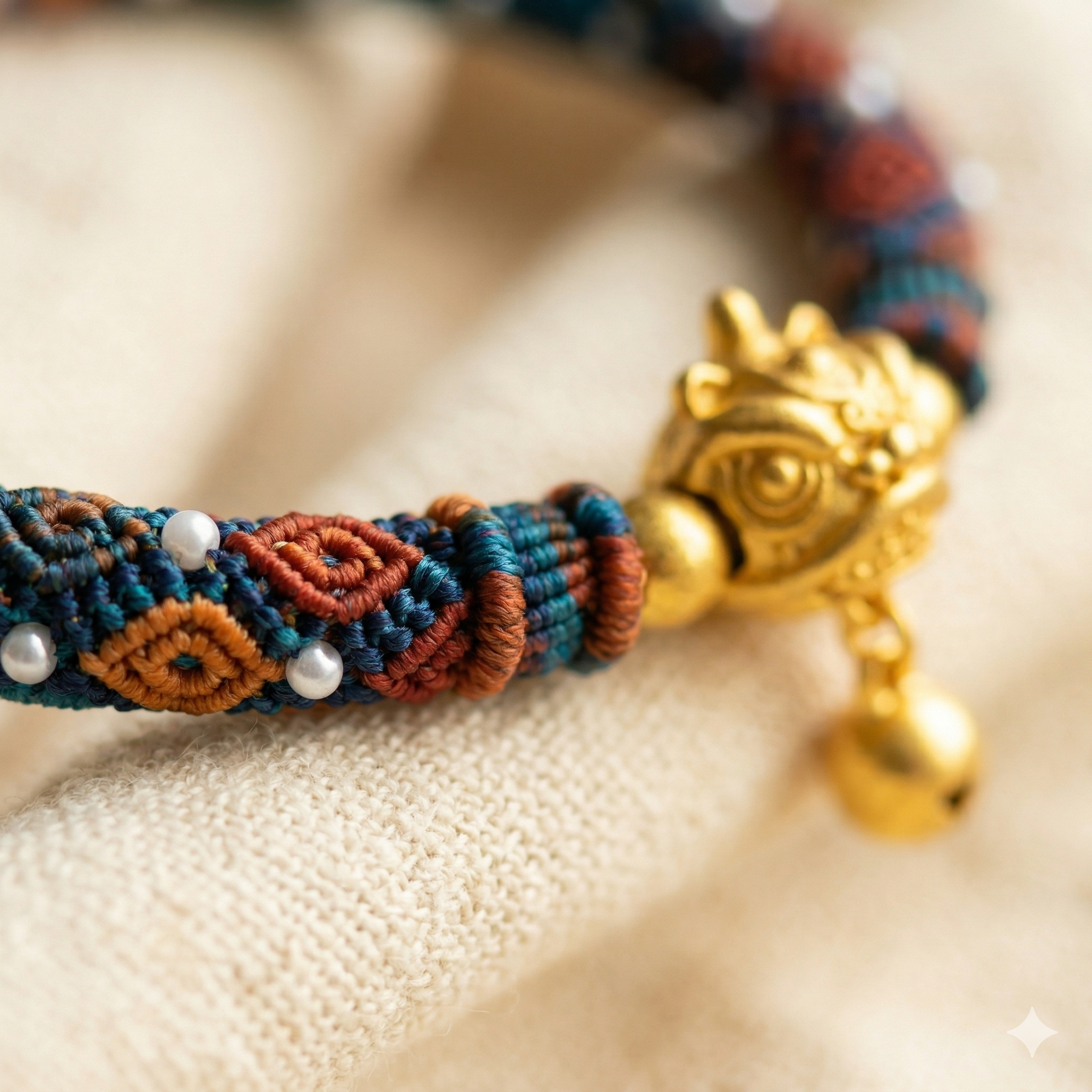 Slowloop | The Guardian’s Pulse: Hand-Woven Teal & Terracotta Macramé with Golden Protection Charm