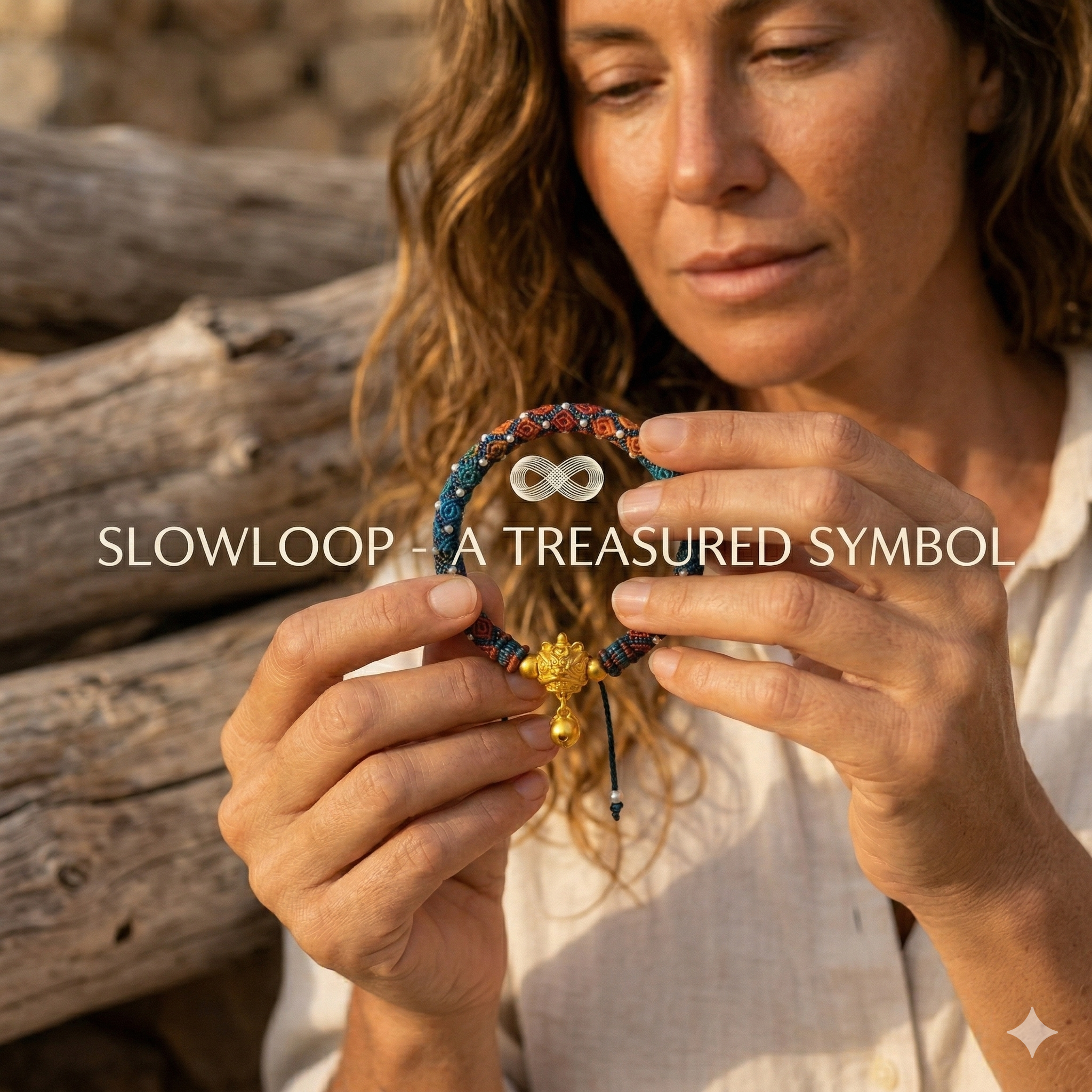 Slowloop | The Guardian’s Pulse: Hand-Woven Teal & Terracotta Macramé with Golden Protection Charm
