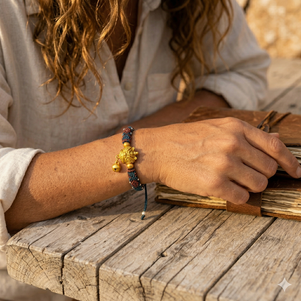 Slowloop | The Guardian’s Pulse: Hand-Woven Teal & Terracotta Macramé with Golden Protection Charm