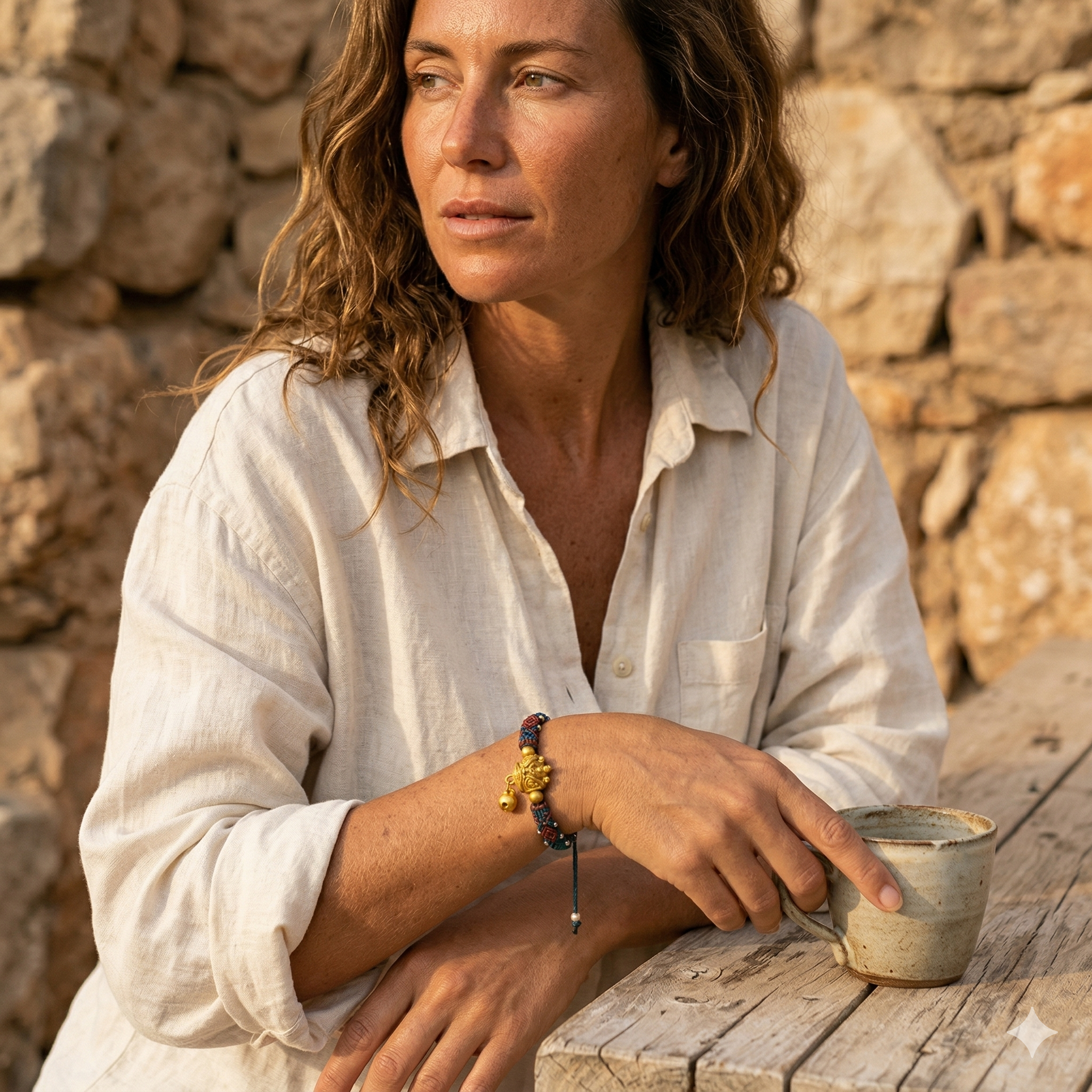 Slowloop | The Guardian’s Pulse: Hand-Woven Teal & Terracotta Macramé with Golden Protection Charm