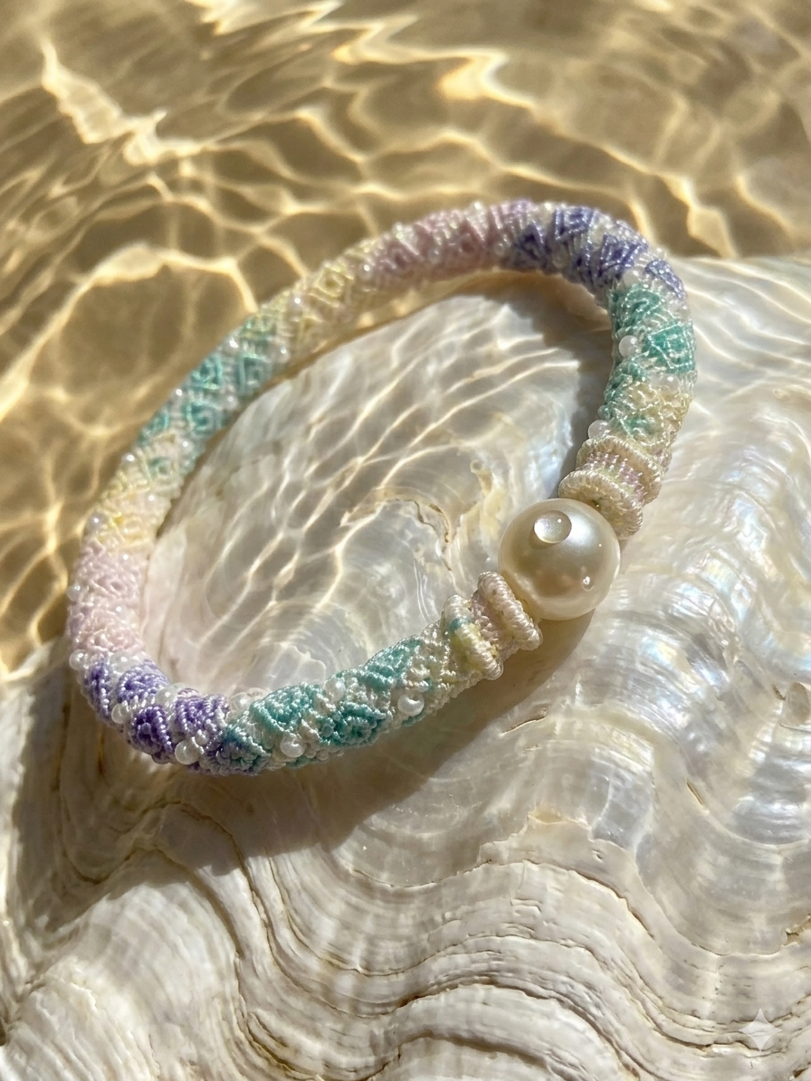 Slowloop | The Iridescent Series: "Wearable Morning Mist" Hand-Woven Silk Bracelet with Lustrous Focal Pearl
